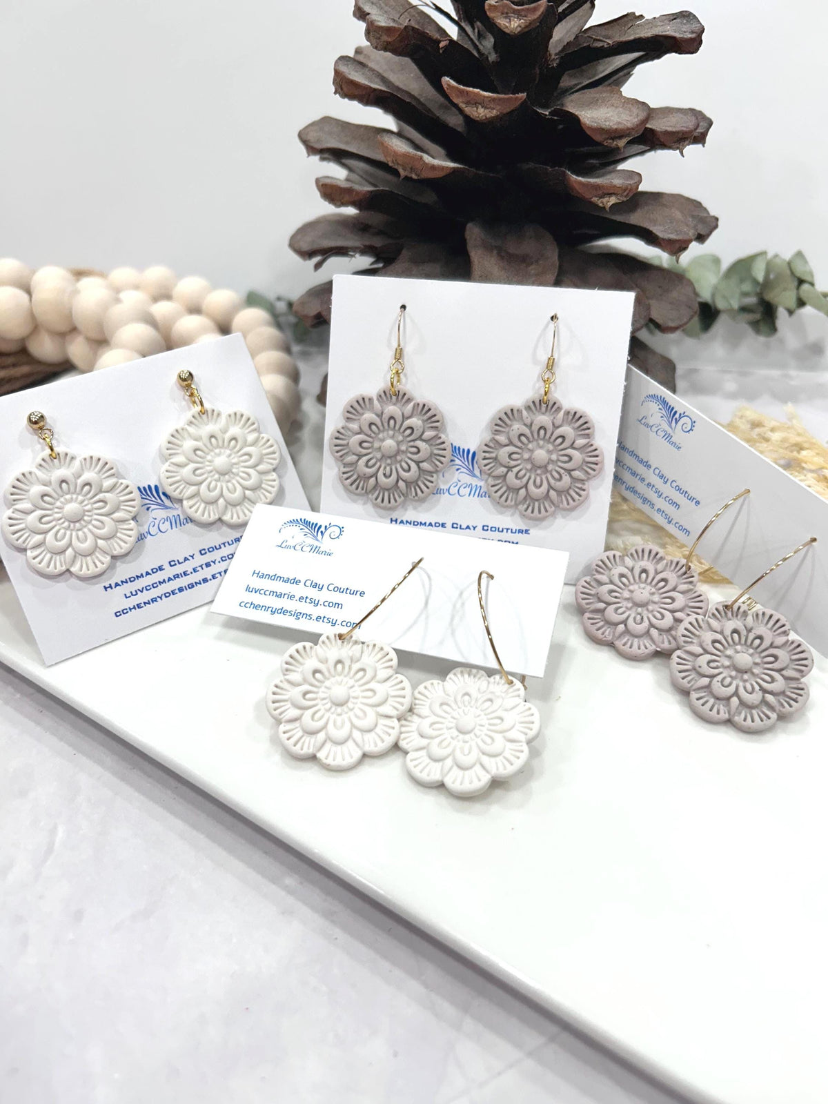 Minimalist Floral Clay Earrings, Creamy White Flower Dangles, Handmade Gift