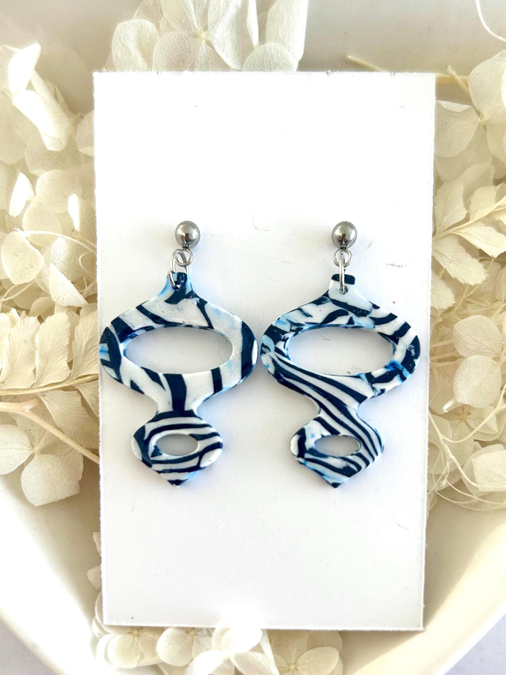 Navy and White Clay Earrings, Modern Moroccan Drop Dangles, Handmade Jewelry Gift