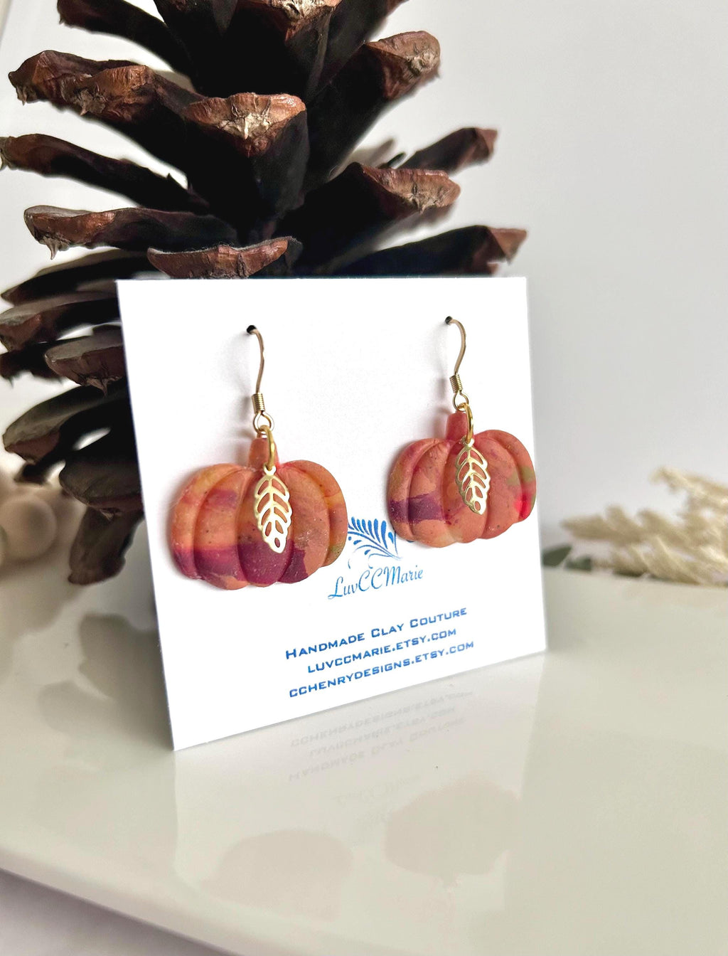 Pumpkin Hoops, Burgundy Marbled Fall Earrings, Gold Leaf Hoop Dangles, Handmade Clay Autumn Jewelry
