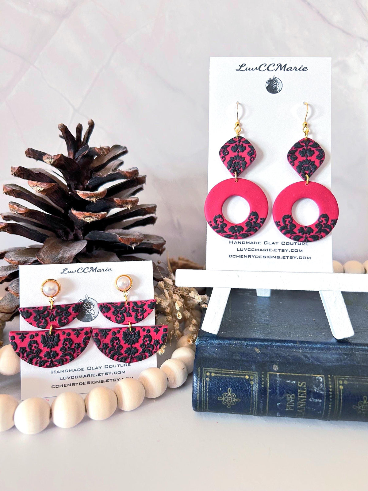 Red and Black Pearl Earrings, Elegant Dangles, Damask Floral Drops, Lightweight Clay Statement Jewelry
