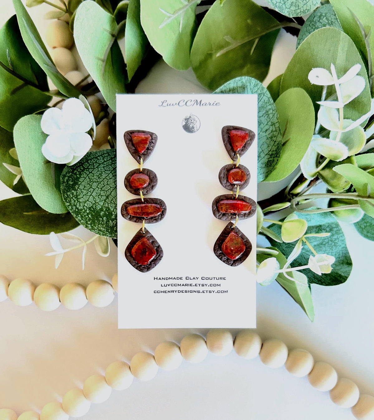 Red and Brown Marbled Stone Clay Earrings, Long Geometric Stud Dangles, Lightweight Hypoallergenic