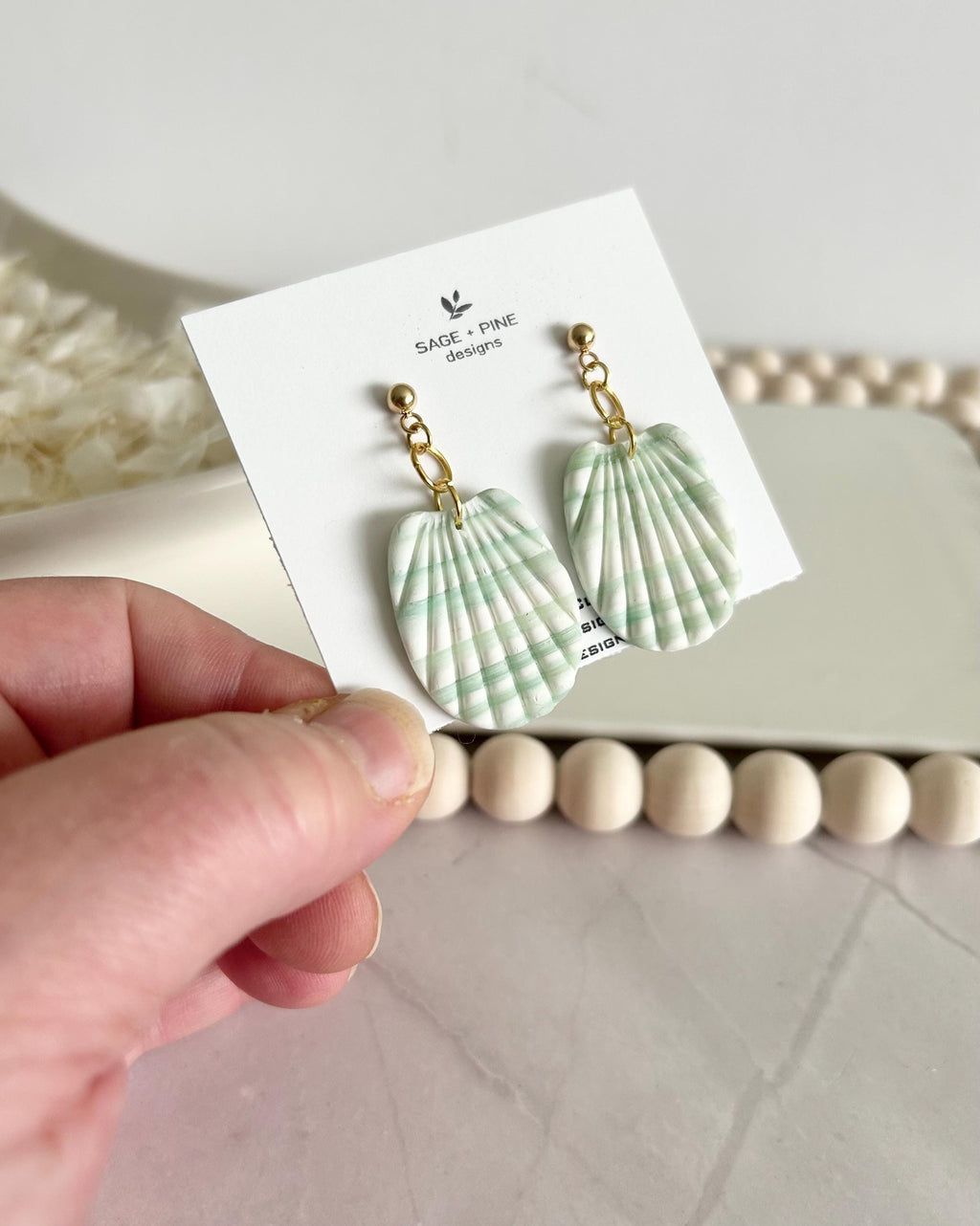Mint Green Shell Earrings, Coral Peach and White Seashell Dangles, Coastal Vacation Dangles Beach Jewelry