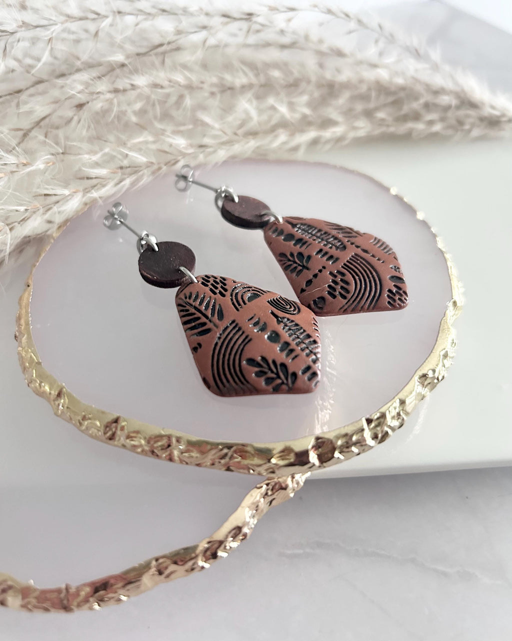 Brown & Black Boho Earrings, Embossed Folk Dangles, Clay Wood Faux Leather Fall Terracotta Mexican