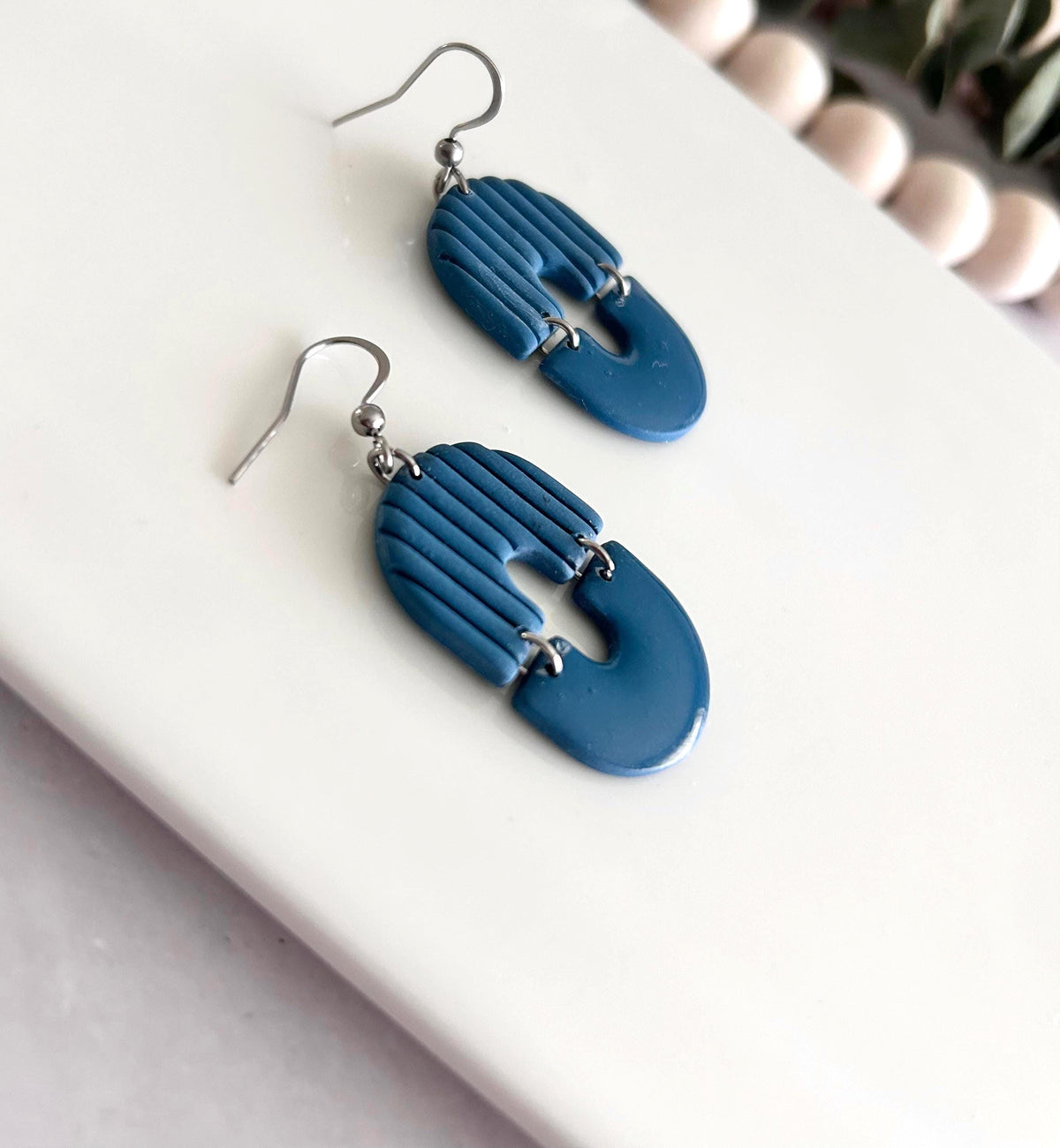 Teal Blue Modern Geometric Stripe Minimal Dangle Earrings, Clay Arch Drop Dangles, Handmade Jewelry
