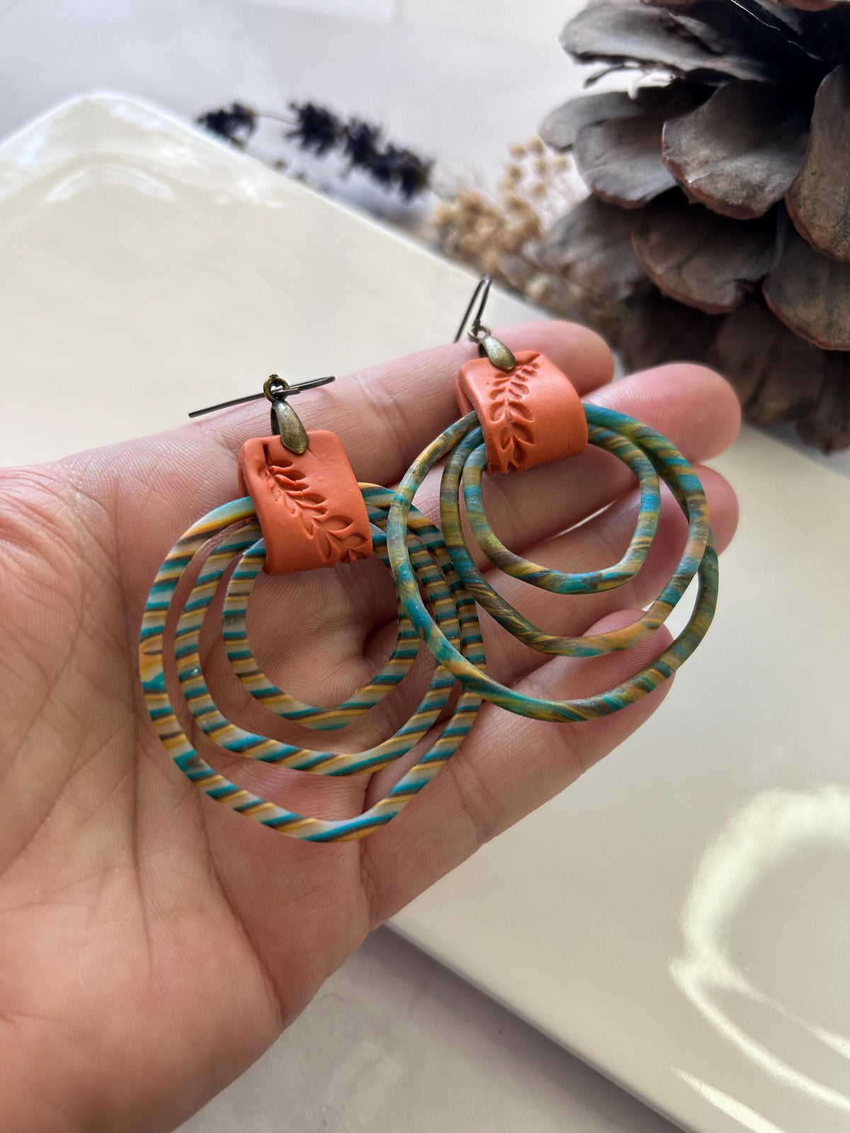 Striped Clay Hoop Dangles, Boho Statement Clay Earrings