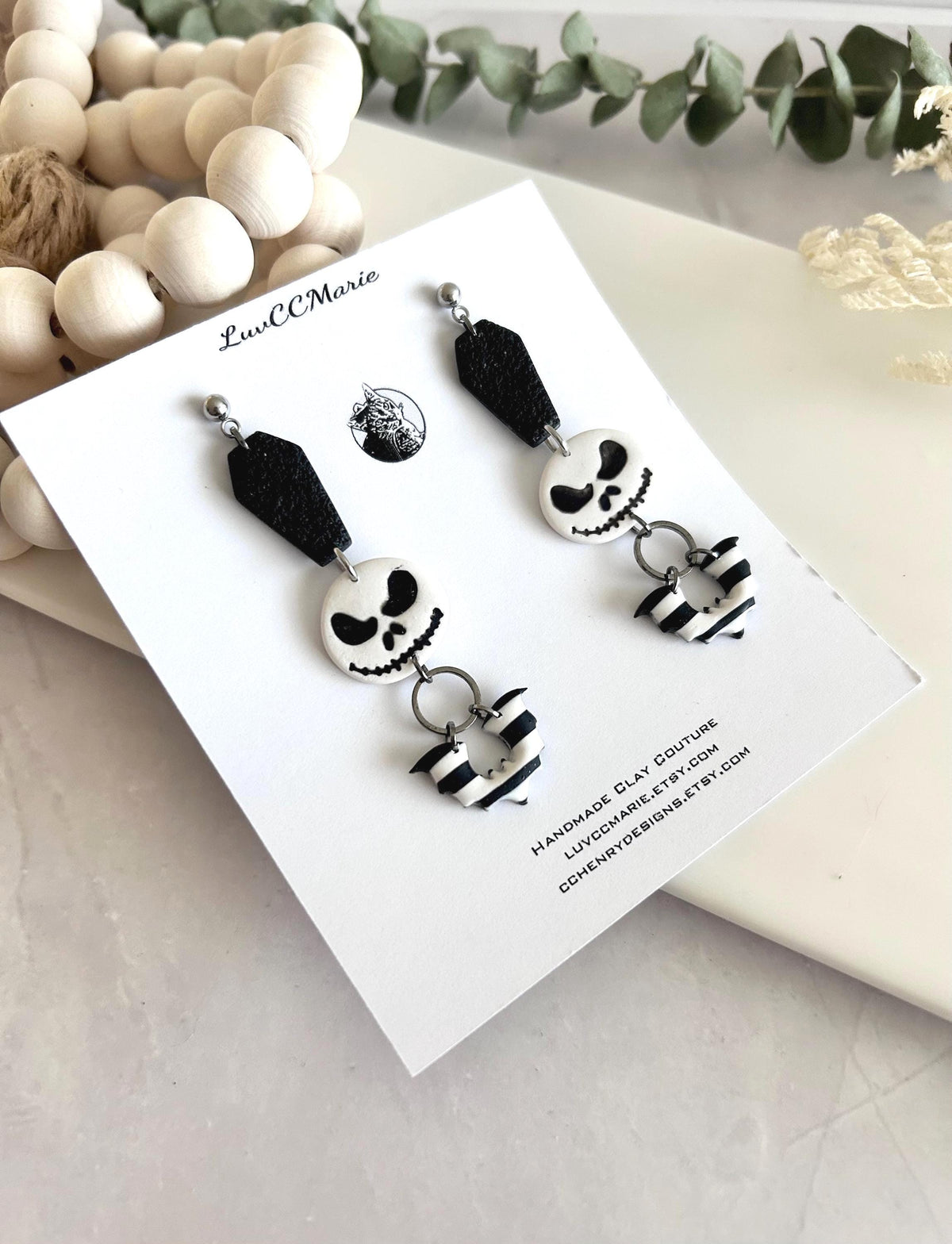 Handmade Clay Halloween Earrings, Black and White Skull Dangles, Jack Coffin Bat