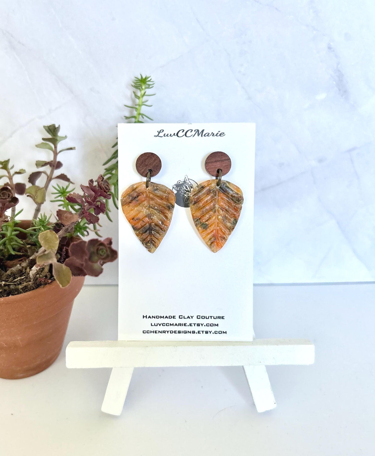 Rustic Autumn Leaves Earrings, Asymmetrical Wood Leaf Dangles, Handmade Lightweight, Colorful Fall Clay Jewelry