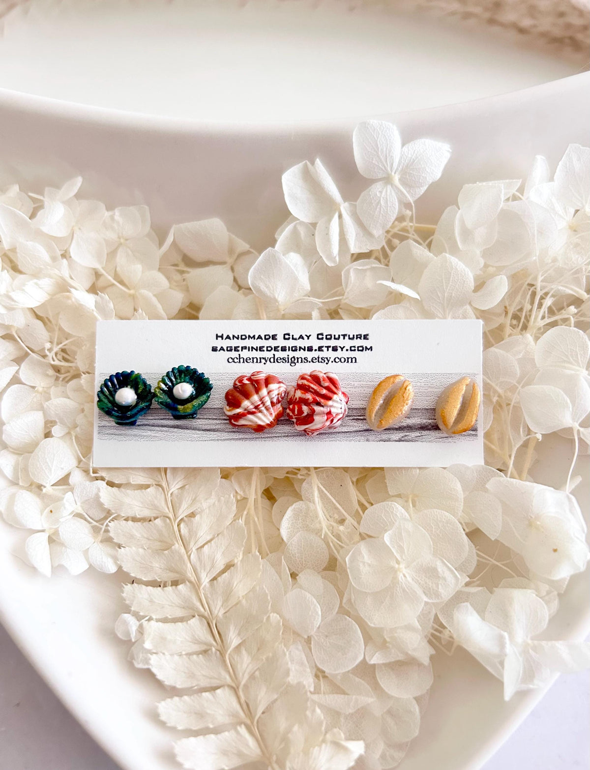 Cowrie Abalone Beach Studs, Coastal Shell Stud Set, Handmade Clay Summer Vacation Jewelry