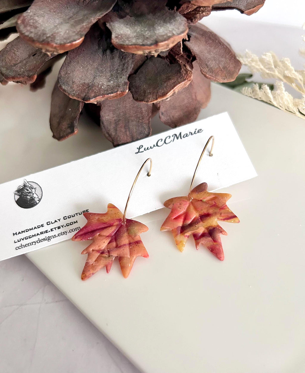 Maple Leaf Dangle Earrings, Clay Stud Dangles, Handmade Multicolor Fall Jewelry