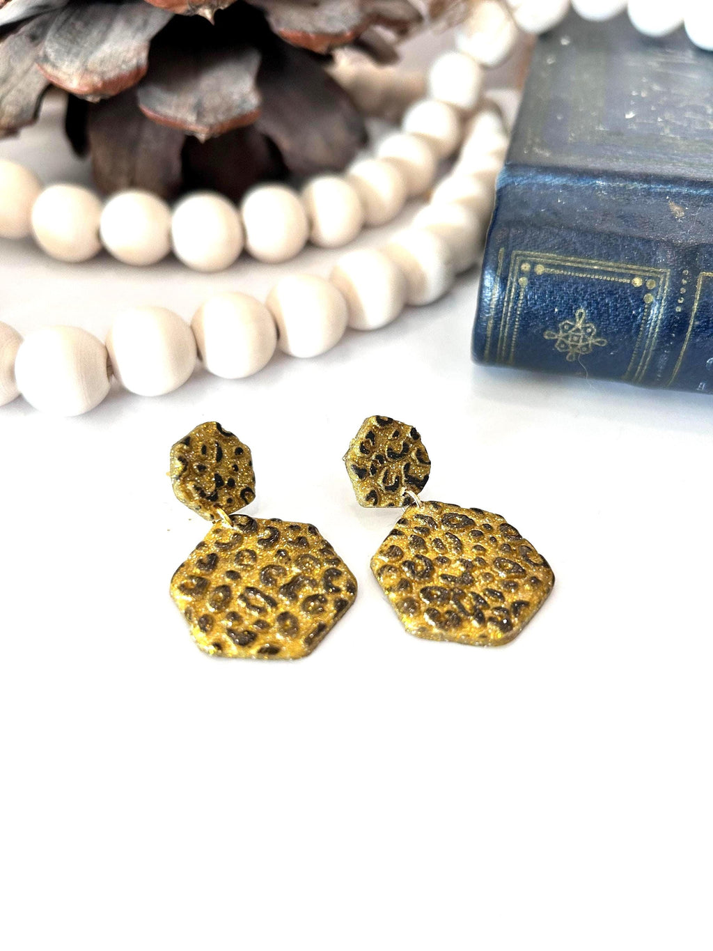 Handmade Clay Leopard Print Hexagon Earrings, Gold Geometric Stud Dangles, Lightweight Statement Boho Jewelry