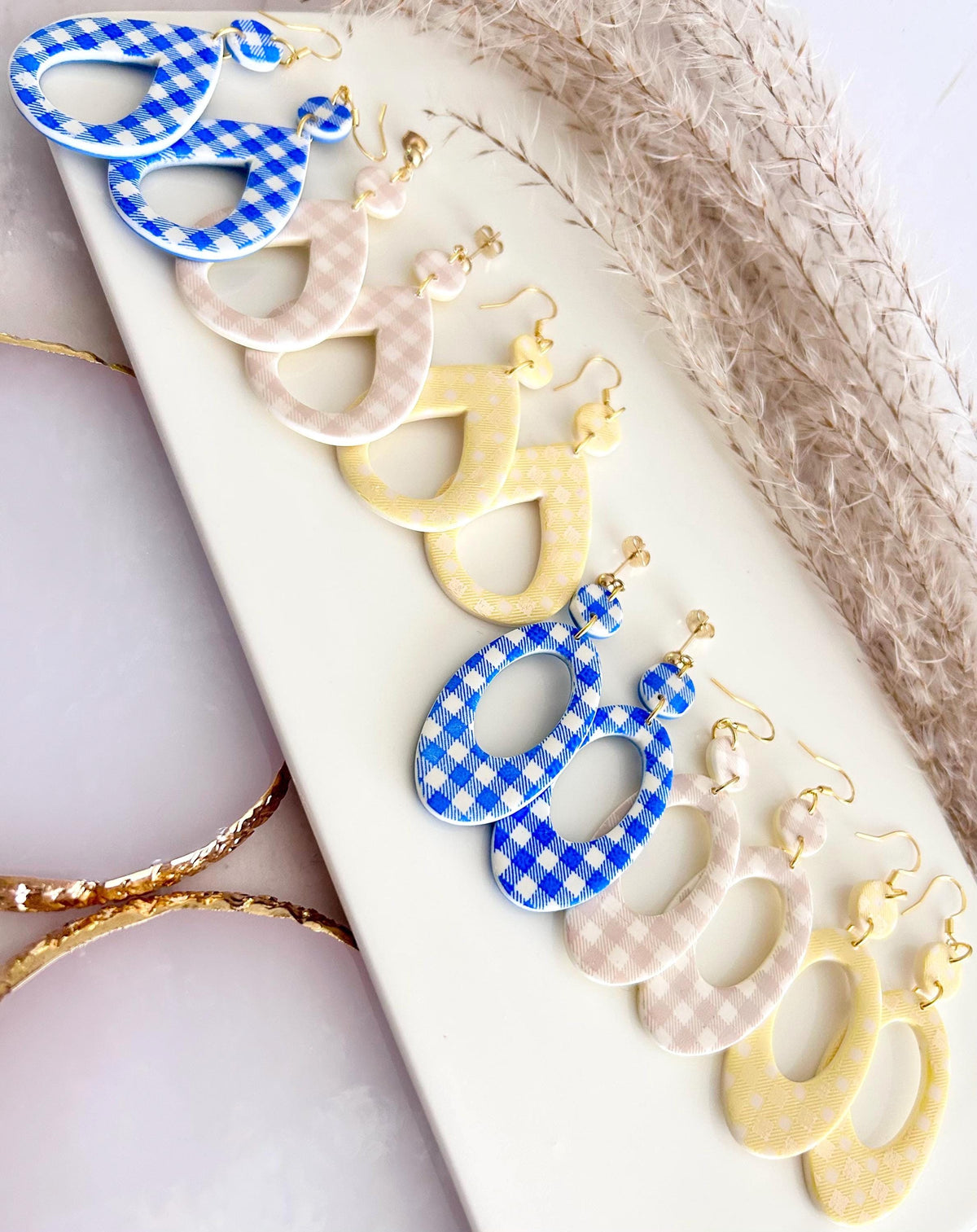Navy Blue Gingham Check Hoop Dangles, Summer Earrings, Retro Clay Handmade Fashion Jewelry Gift