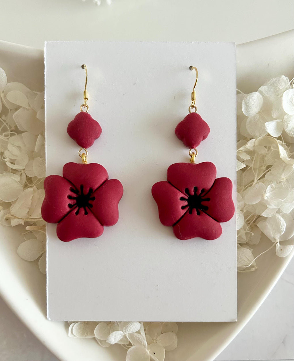Dark Red Poppy Earrings, Polymer Clay Flora Dangles, Handmade Boho Jewelry Gift