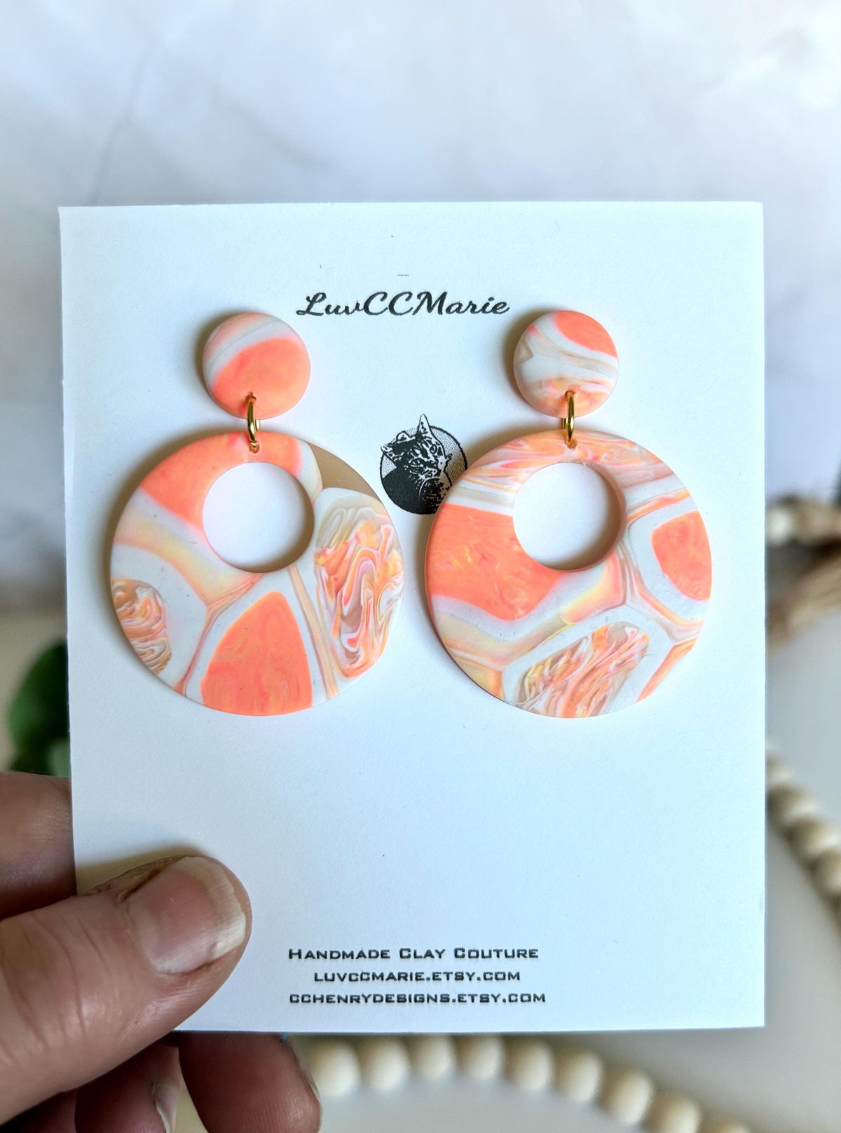 Coral Tortoiseshell Clay Hoop Earrings: Retro Boho Dangles