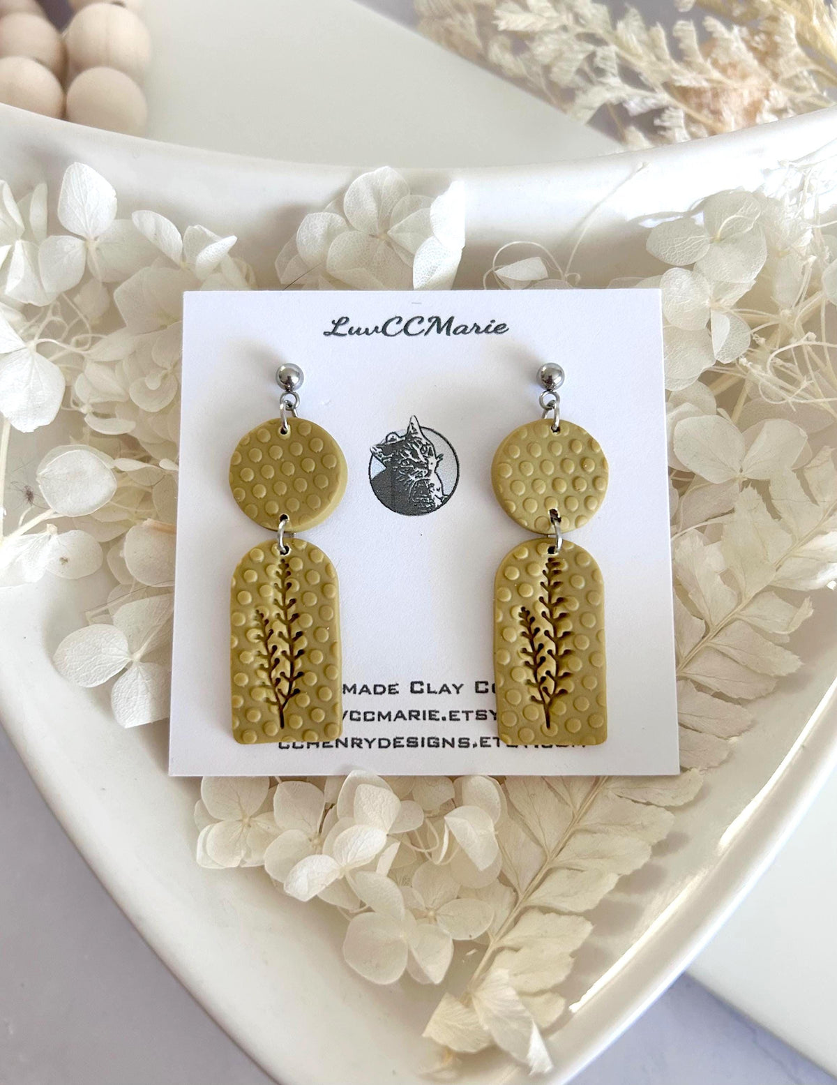 Polka Dot Botanical Clay Dangle Earrings, Handmade Art Jewelry Gift