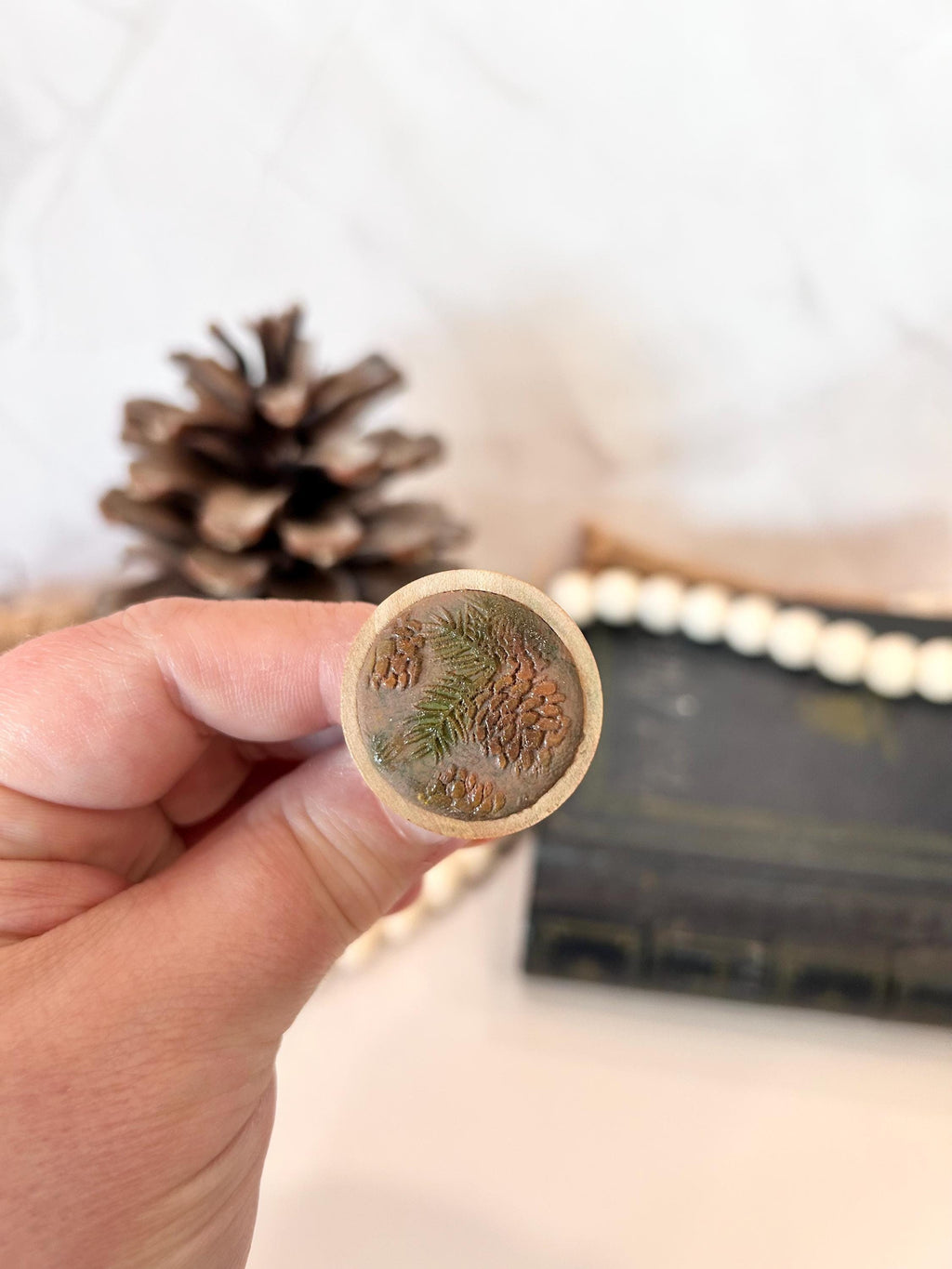 Handmade Pinecone Statement Ring: Mocha Clay & Wood, Adjustable Boho Jewelry