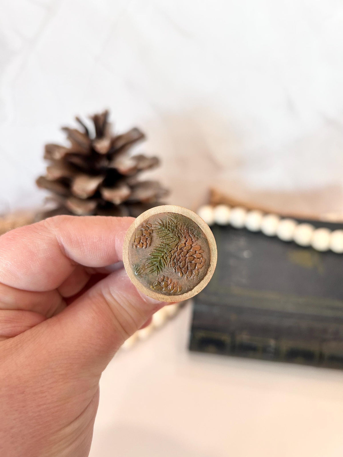 Handmade Pinecone Statement Ring: Mocha Clay & Wood, Adjustable Boho Jewelry