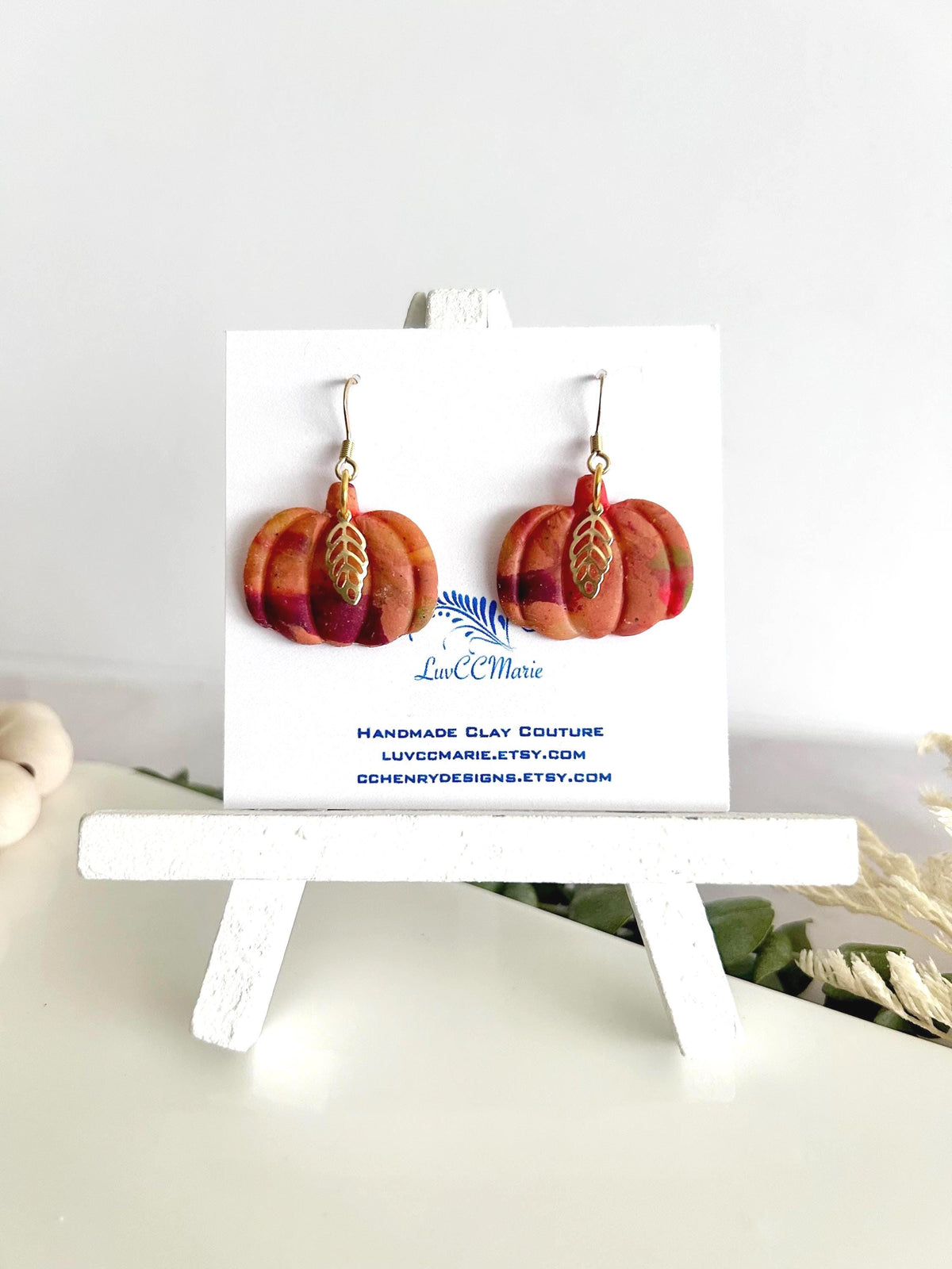 Pumpkin Hoops, Burgundy Marbled Fall Earrings, Gold Leaf Hoop Dangles, Handmade Clay Autumn Jewelry