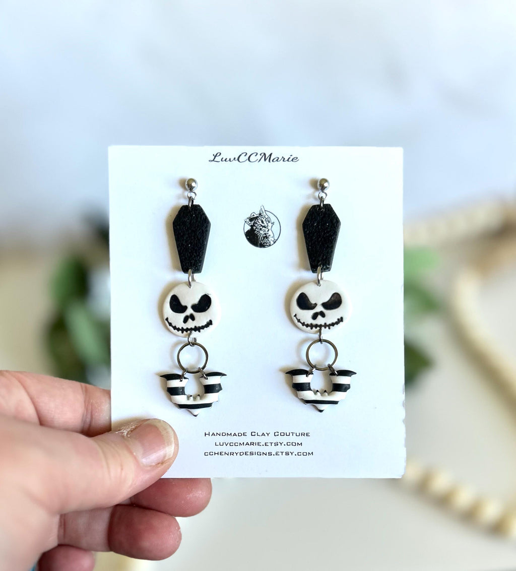 Handmade Clay Halloween Earrings, Black and White Skull Dangles, Jack Coffin Bat