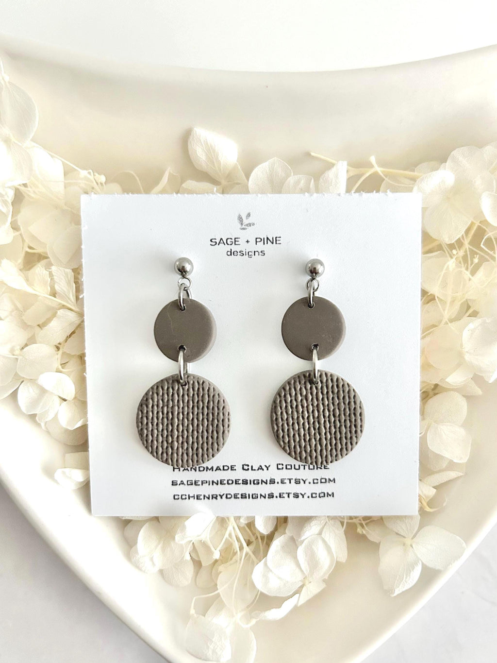 Khaki Clay Dangle Earrings, Neutral Casual Drop Dangles, Handmade Jewelry