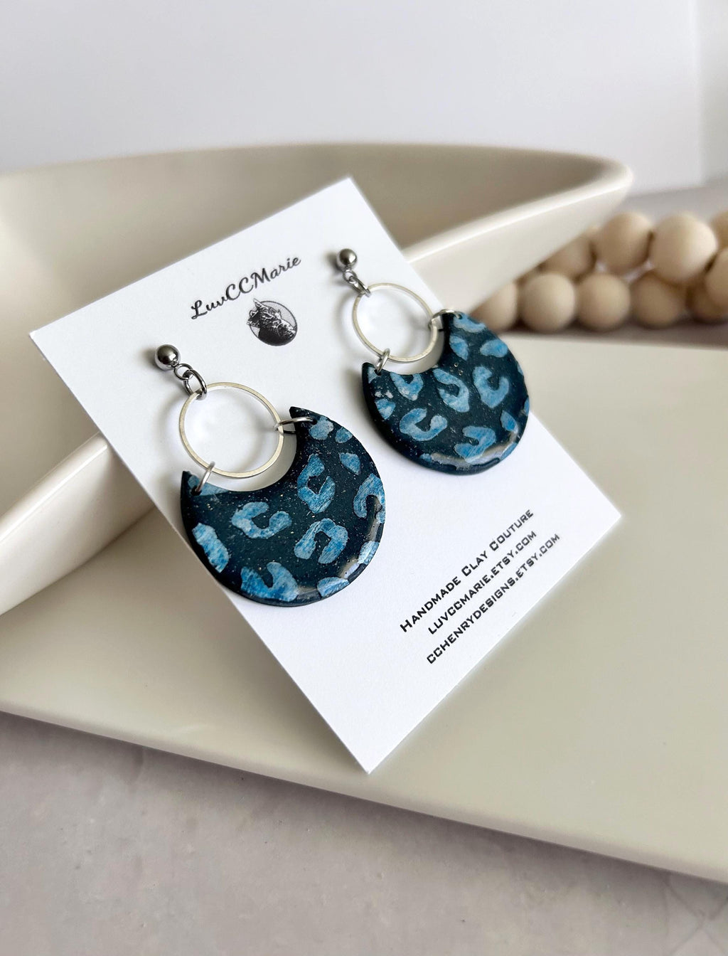 Navy Blue and Silver Leopard Print Clay Earrings, Crescent Moon Hoop Dangles