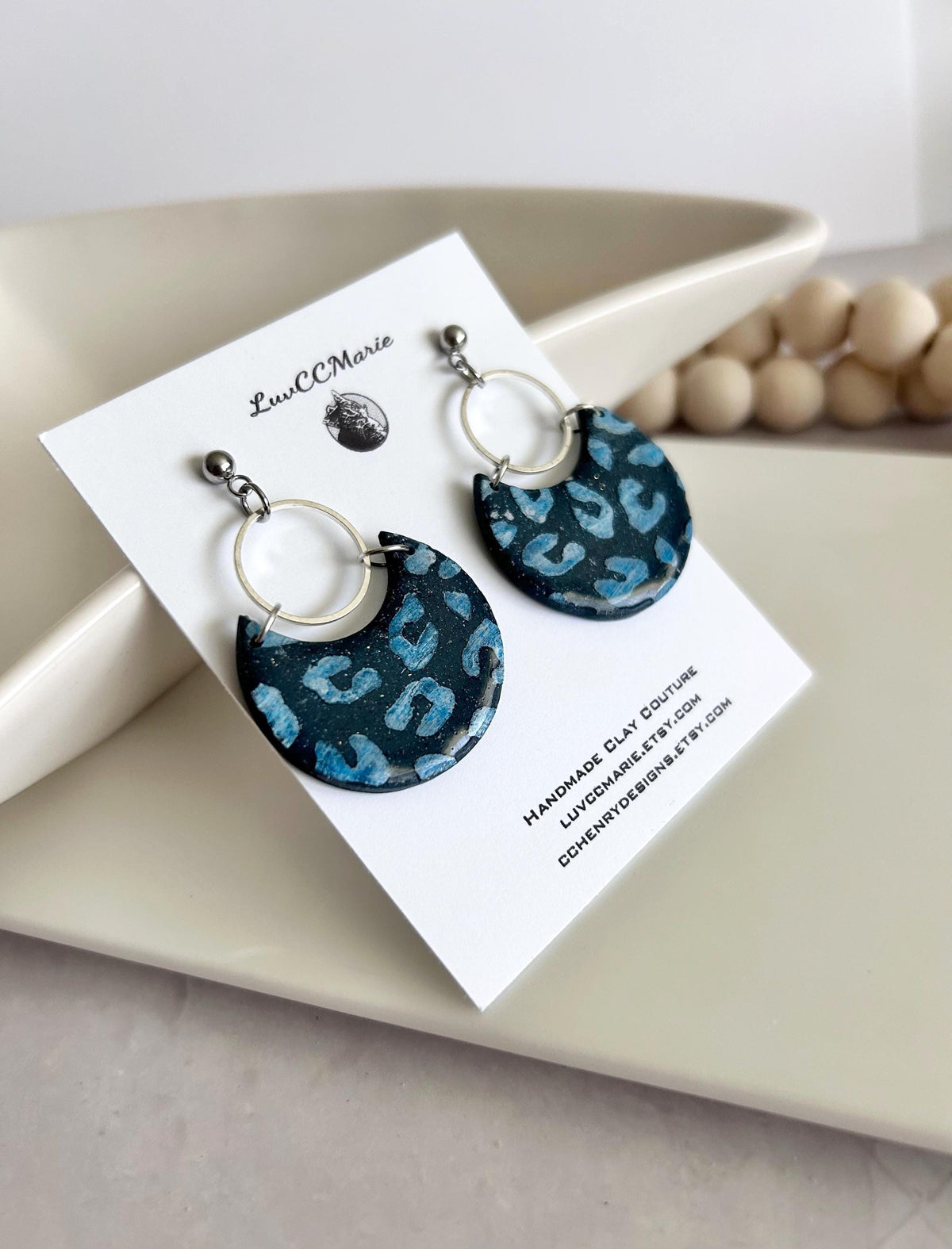 Navy Blue and Silver Leopard Print Clay Earrings, Crescent Moon Hoop Dangles
