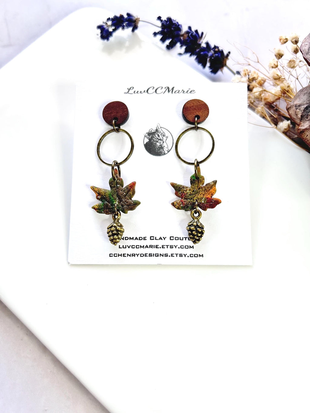 Watercolor Leaf Clay Earrings, Pine Cone Dangles: Walnut and Bronze Boho Jewelry