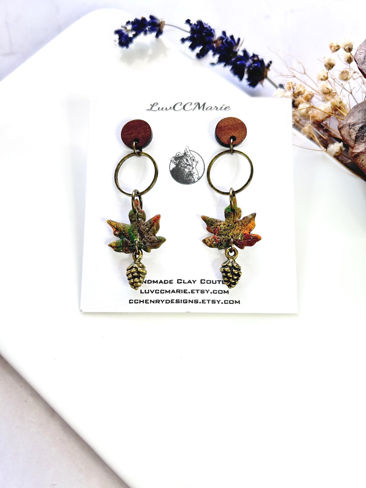 Watercolor Leaf Clay Earrings, Pine Cone Dangles: Walnut and Bronze Boho Jewelry
