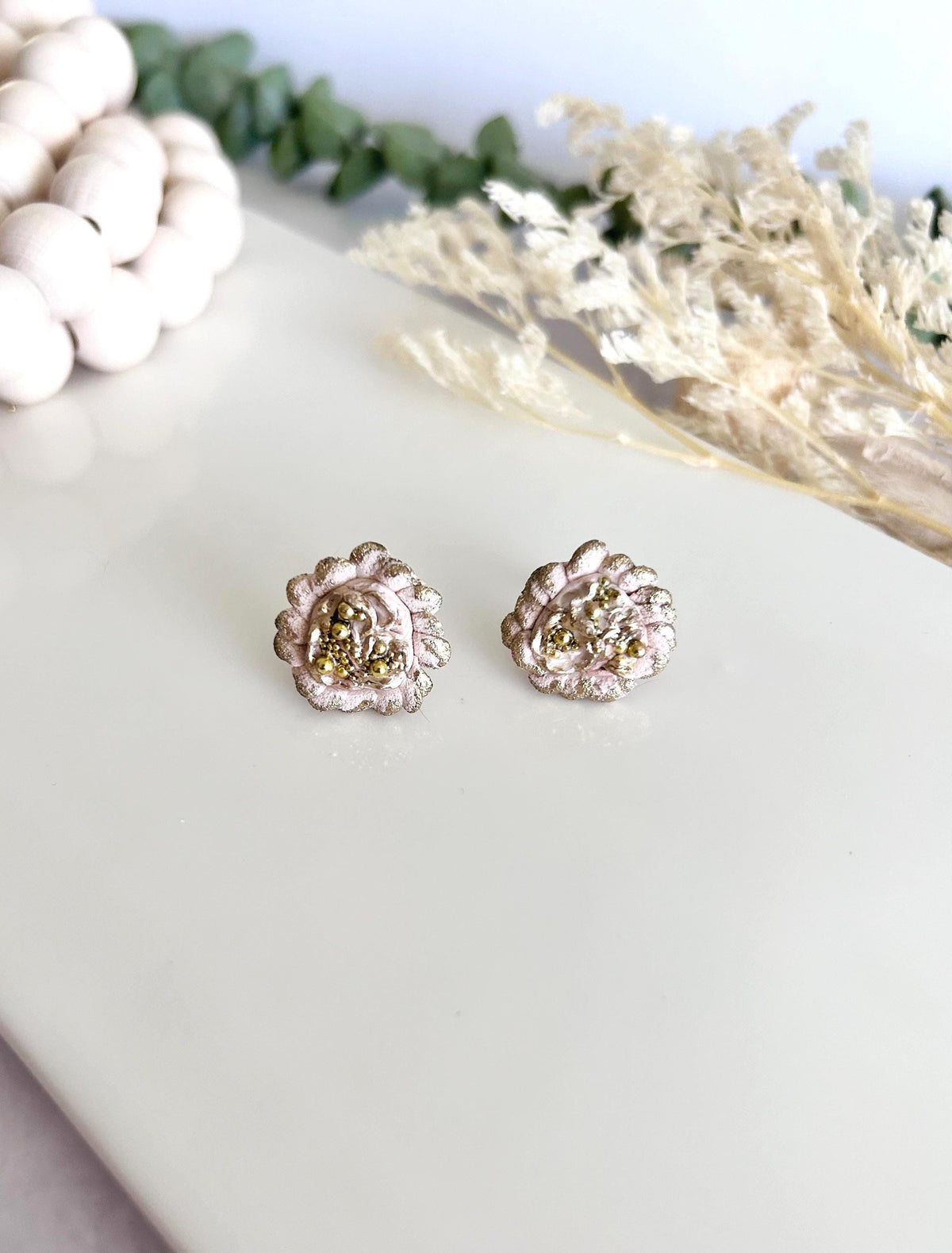 Gold Flower Stud Earrings, Abstract Clay Studs, Handmade Jewelry
