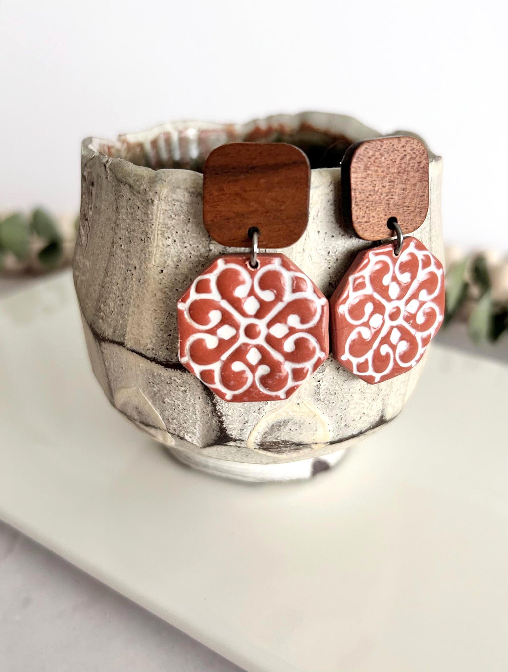 Mexican Tile Terracotta Earrings, Brown and White Clay & Wood Drop Stud Dangles, Handmade Jewelry