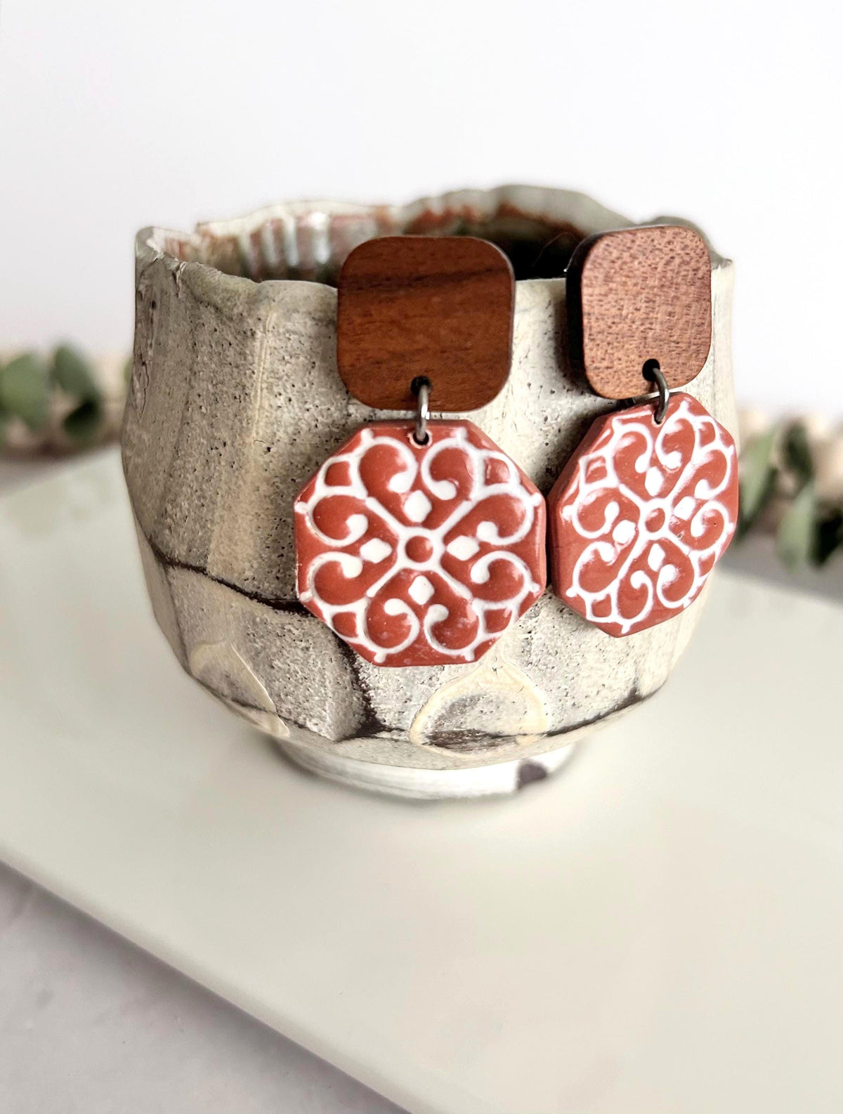 Mexican Tile Terracotta Earrings, Brown and White Clay & Wood Drop Stud Dangles, Handmade Jewelry