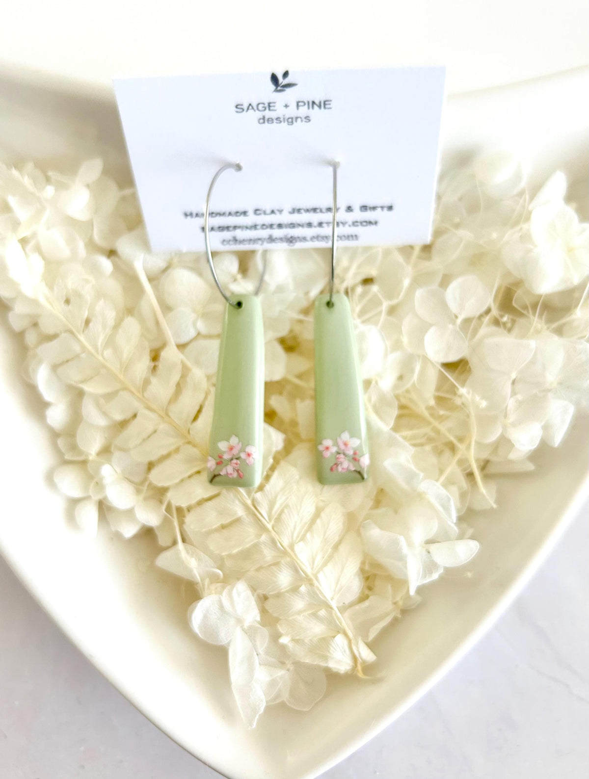Sage Green Cherry Blossom Handmade Clay Dangle Earrings, Drop Dangles, Lightweight Jewelry