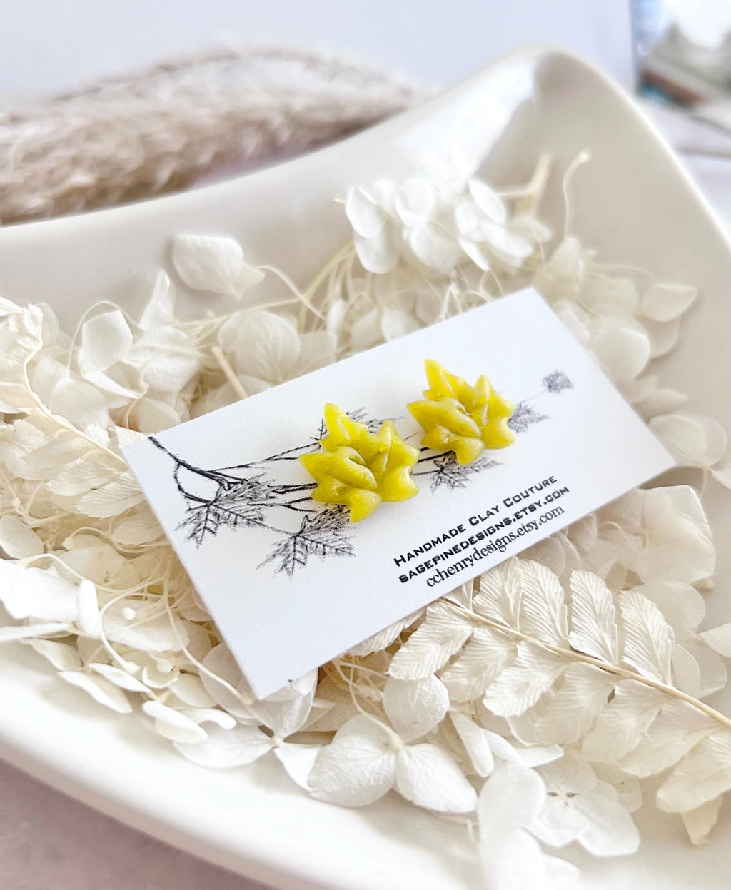 Clay Stud Earrings, Maple Leaf Fall Studs, Chartreuse Green, Hypoallergenic Surgical Posts