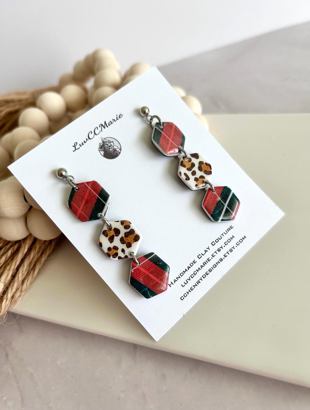 Cheetah Print Plaid Hexagon Daisy Chain Dangle Earrings: Handmade Boho Statement Clay Jewelry