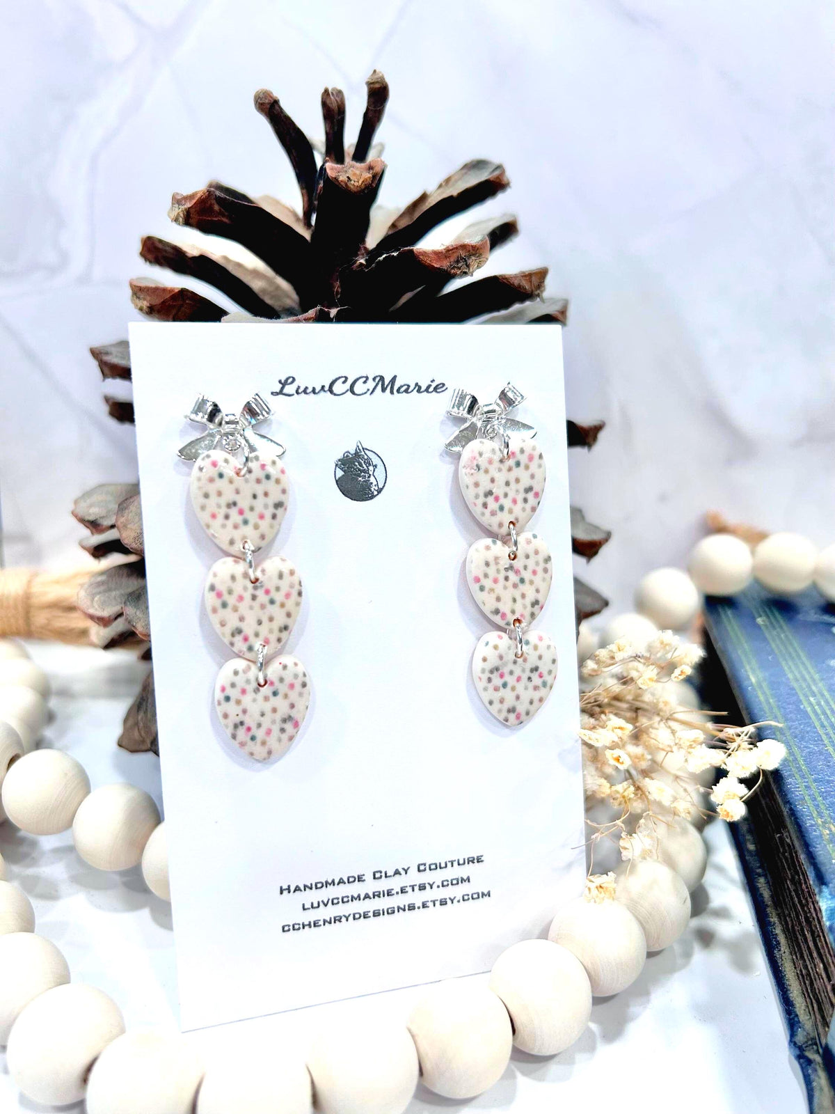 Handmade Clay Pastel Earrings, Rainbow Polka Dot Hearts, Long White Drop Dangles, Jewelry Gift