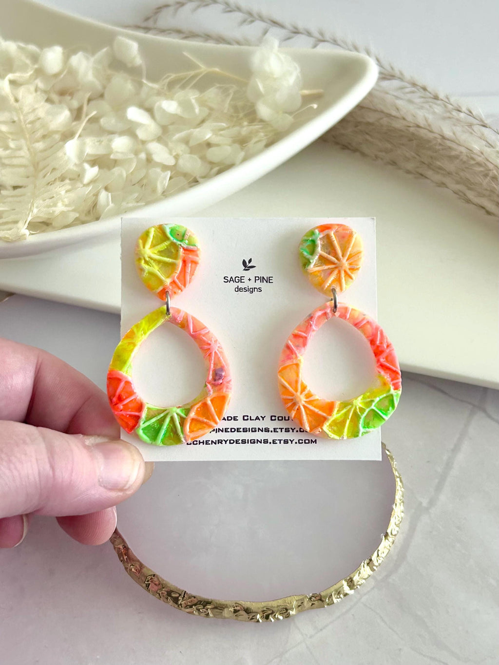 Neon Orange Slice Foodie Earrings, Grapefruit, Lemon, Lime, Unique Handcrafted Dangles, 90s Statement Clay Jewelry