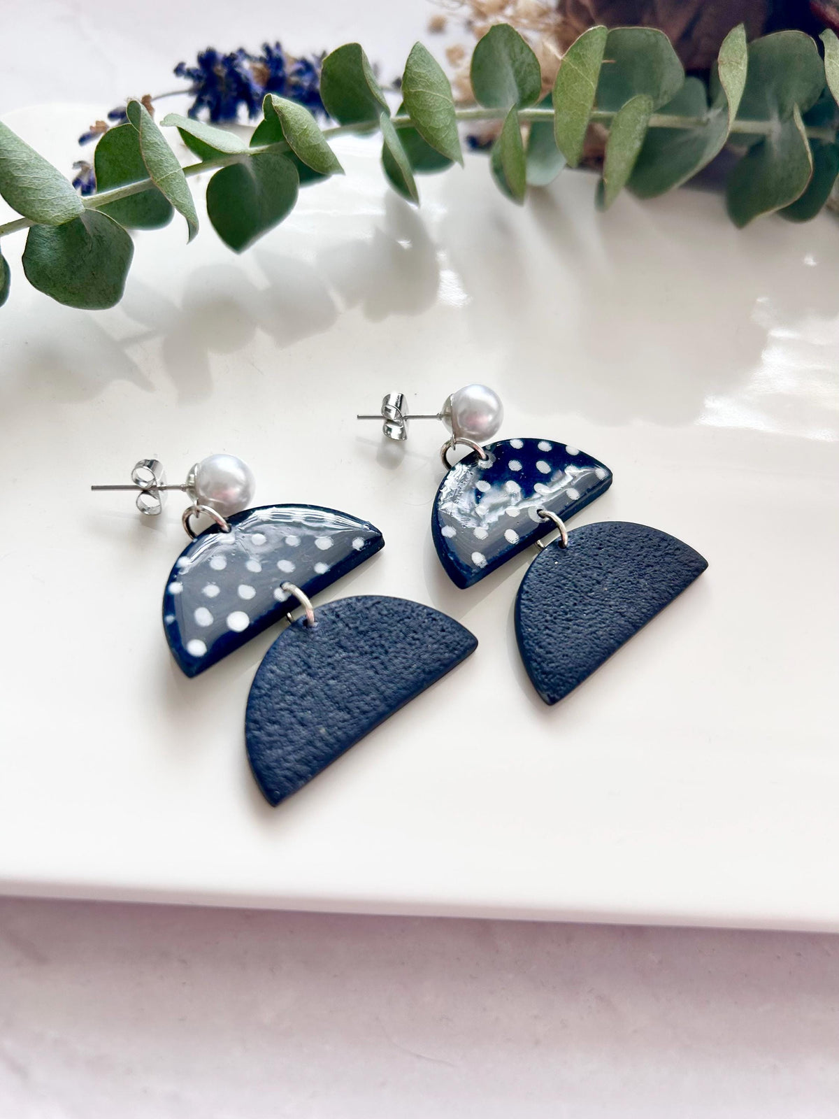Navy Blue Handmade Polka Dot Clay Dangle Earrings: Retro Boho Pearl Studs