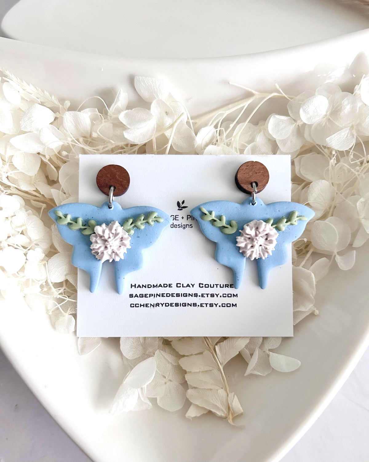Handmade Clay Moth Earrings, Light Blue and White Floral Dangles, Pastel Wings, Wood Polymer