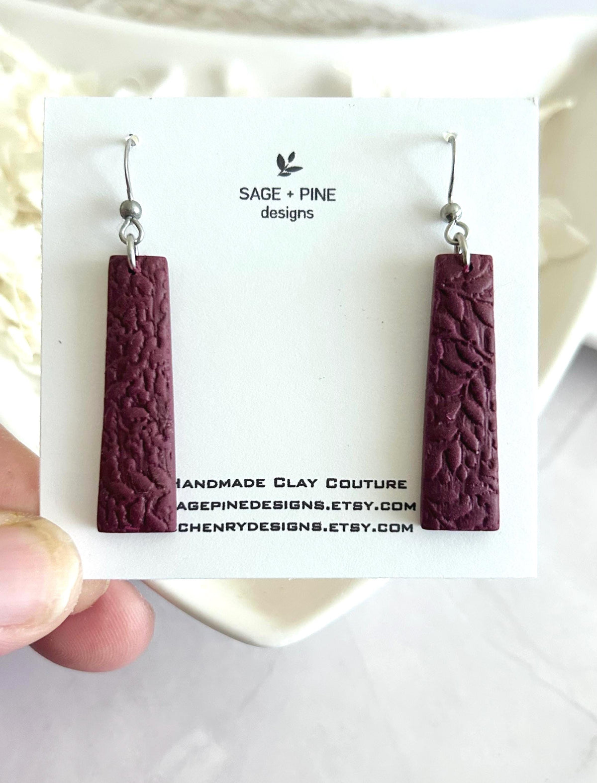 Gold & Burgundy Clay Earrings, Floral Vine Embossed Dangles, Handmade Fashion Boho Jewelry
