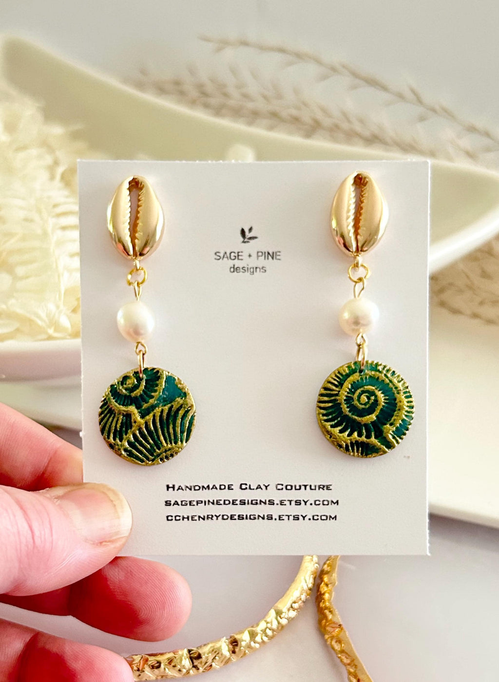 Seashell Cowrie Pearl Earrings, Coastal Vacation Faux Ammonite Drop Dangles, Handmade Clay Jewelry