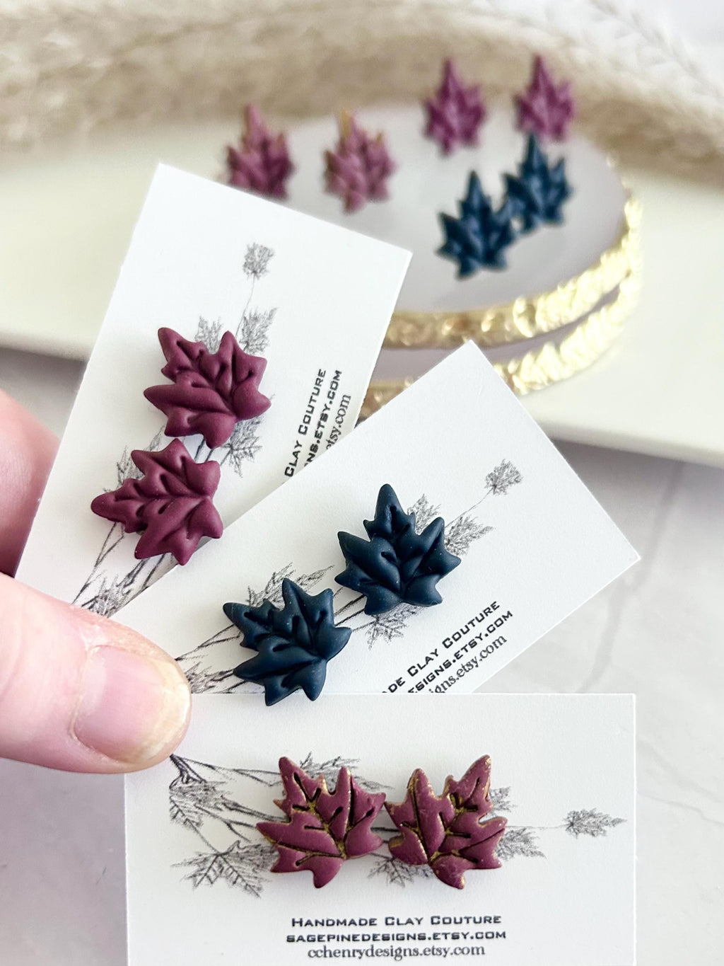 Navy Blue & Dark Burgundy Maple Leaf Stud Earrings, Hypoallergenic Post Fall Jewelry