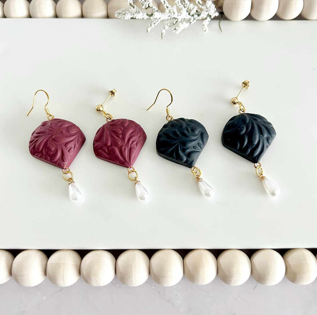 Dark Red or Matte Black Pearl Earrings, Clay and Gold Floral Jewelry Handmade Gift
