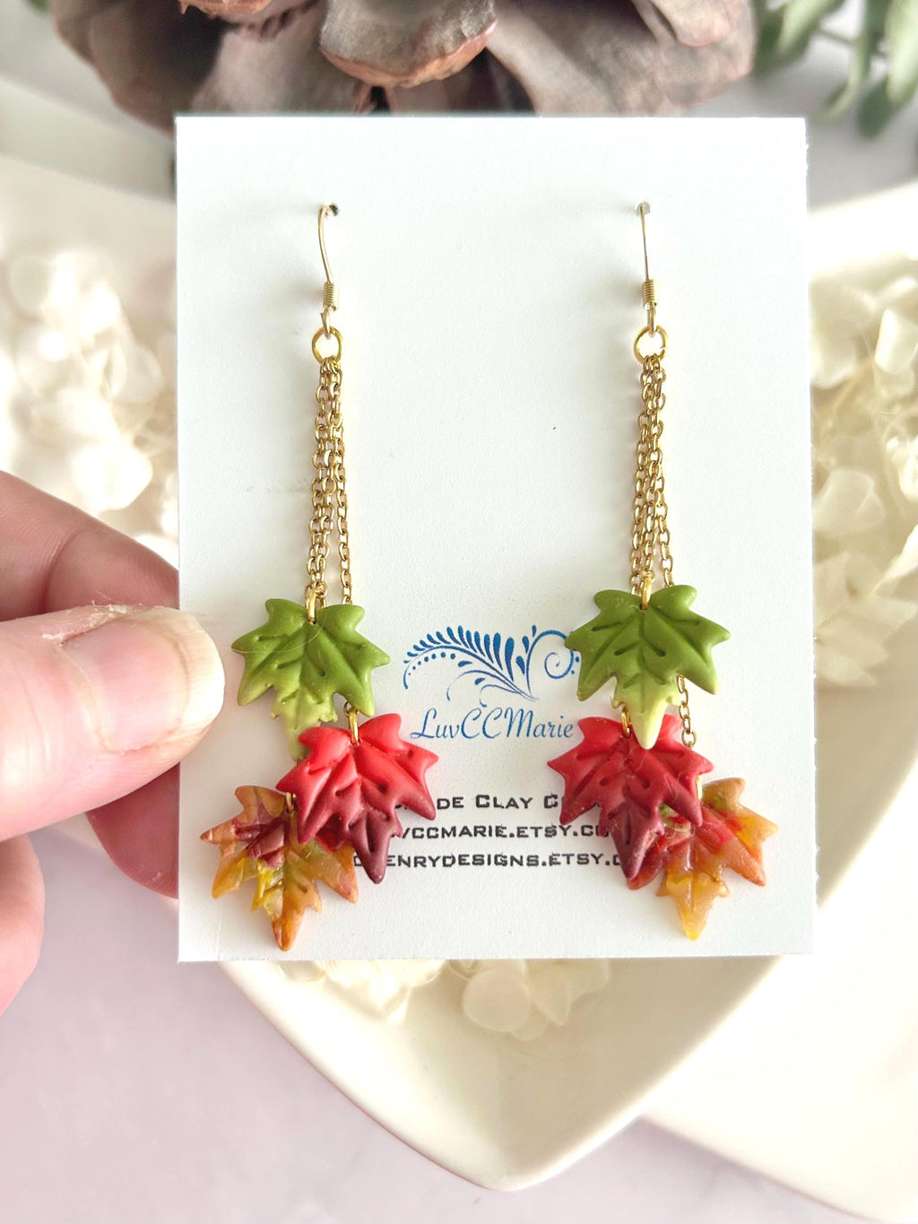 Leaf Earrings, Fall Jewelry, Polymer Clay Ombre Maple Leaves Chain Dangles