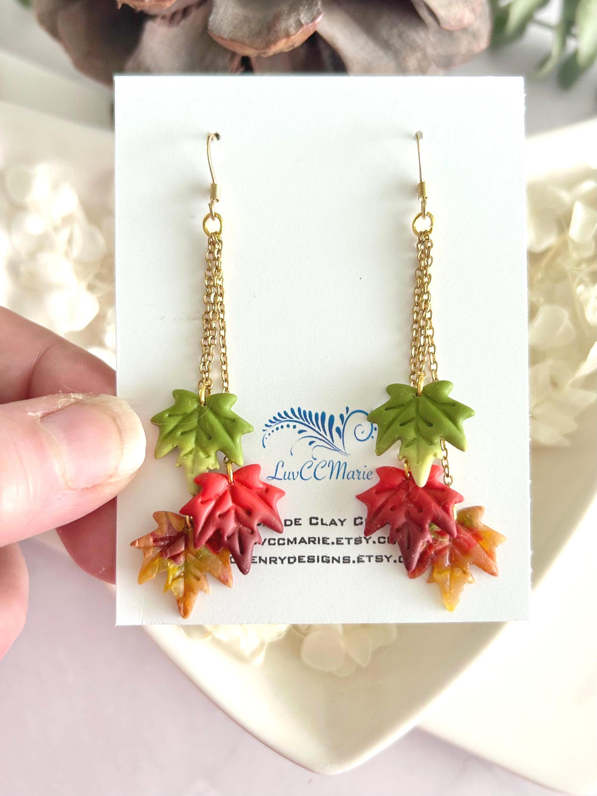 Leaf Earrings, Fall Jewelry, Polymer Clay Ombre Maple Leaves Chain Dangles