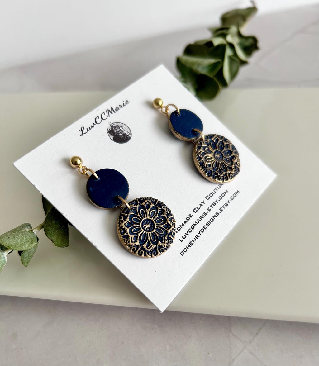 Gold Navy Burgundy Earrings, Embossed Dangles, Handmade Clay Boho Jewelry