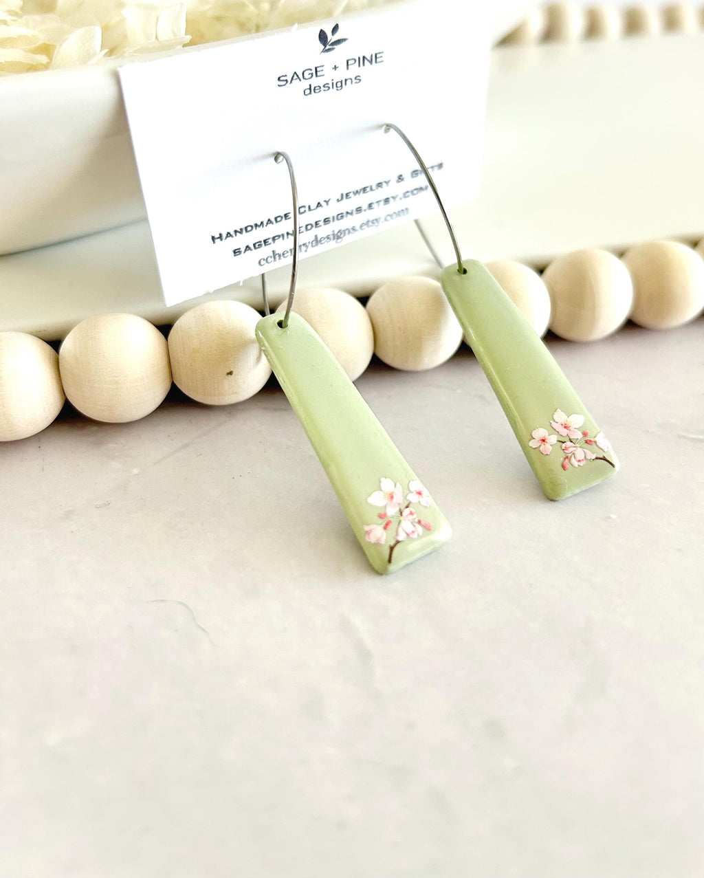 Sage Green Cherry Blossom Handmade Clay Dangle Earrings, Drop Dangles, Lightweight Jewelry