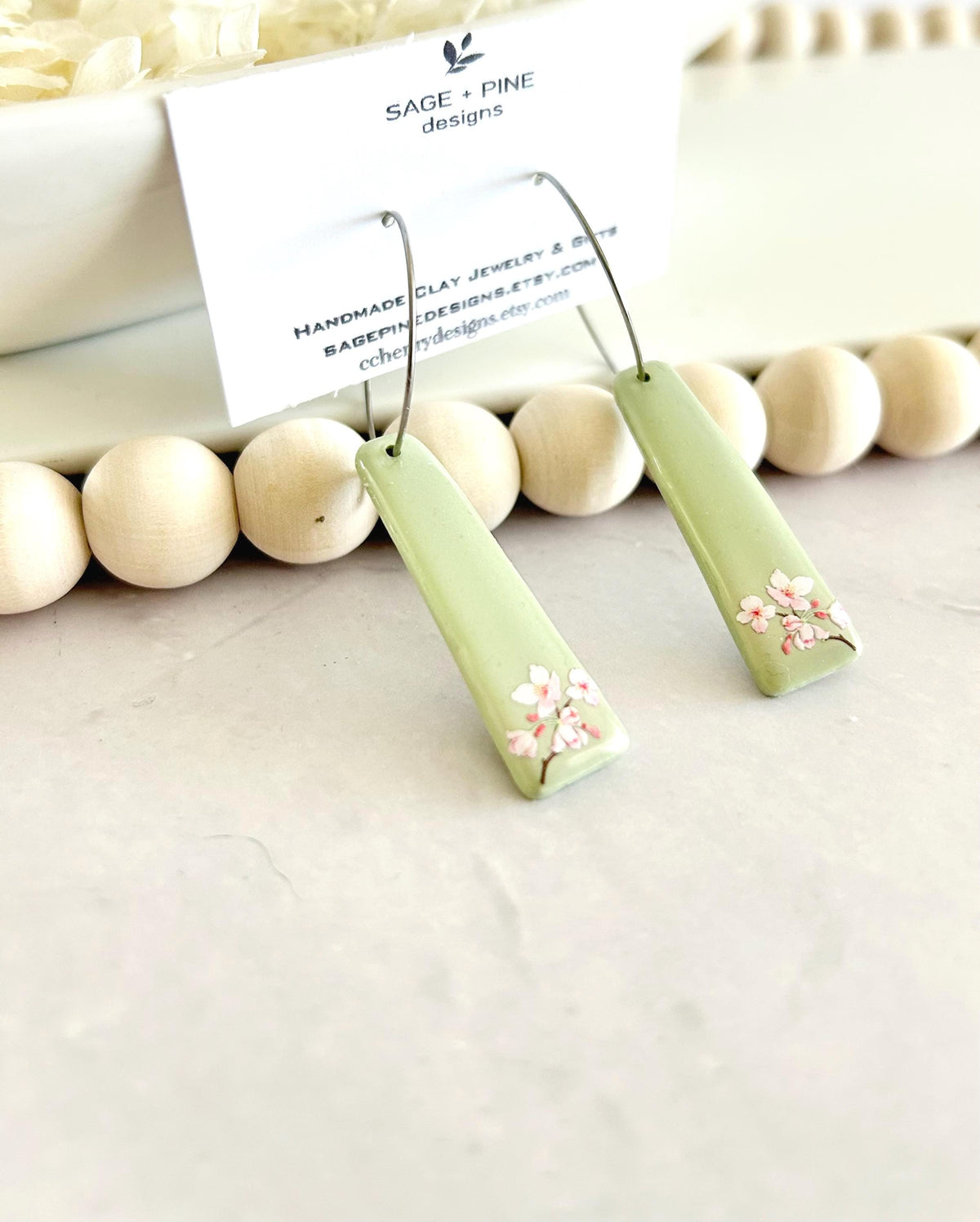 Sage Green Cherry Blossom Handmade Clay Dangle Earrings, Drop Dangles, Lightweight Jewelry