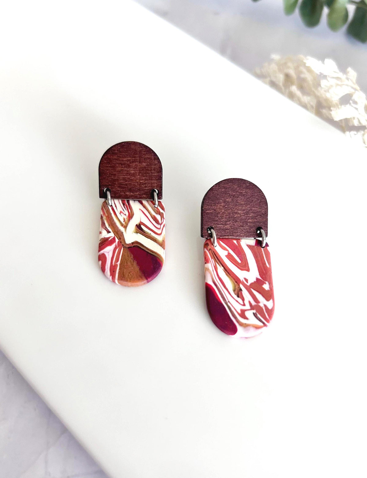 Dark Burgundy Red Clay Earrings, Terracotta Marbled Wood Dangles, Handmade Fashion Boho Jewelry