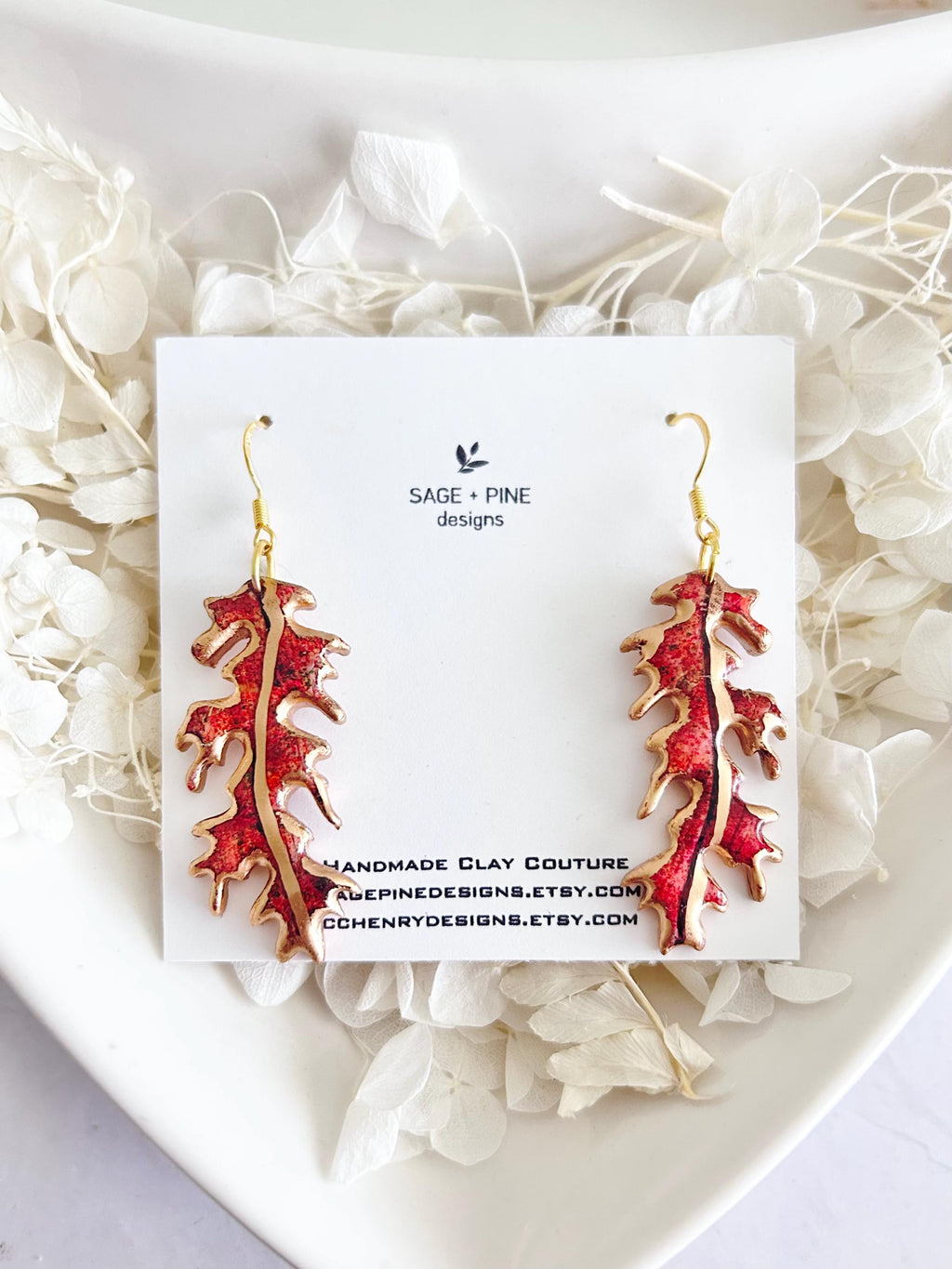 Fall Leaf Clay Earrings, Red and Gold Autumn Dangles, Boho Hypoallergenic Lightweight Jewelry