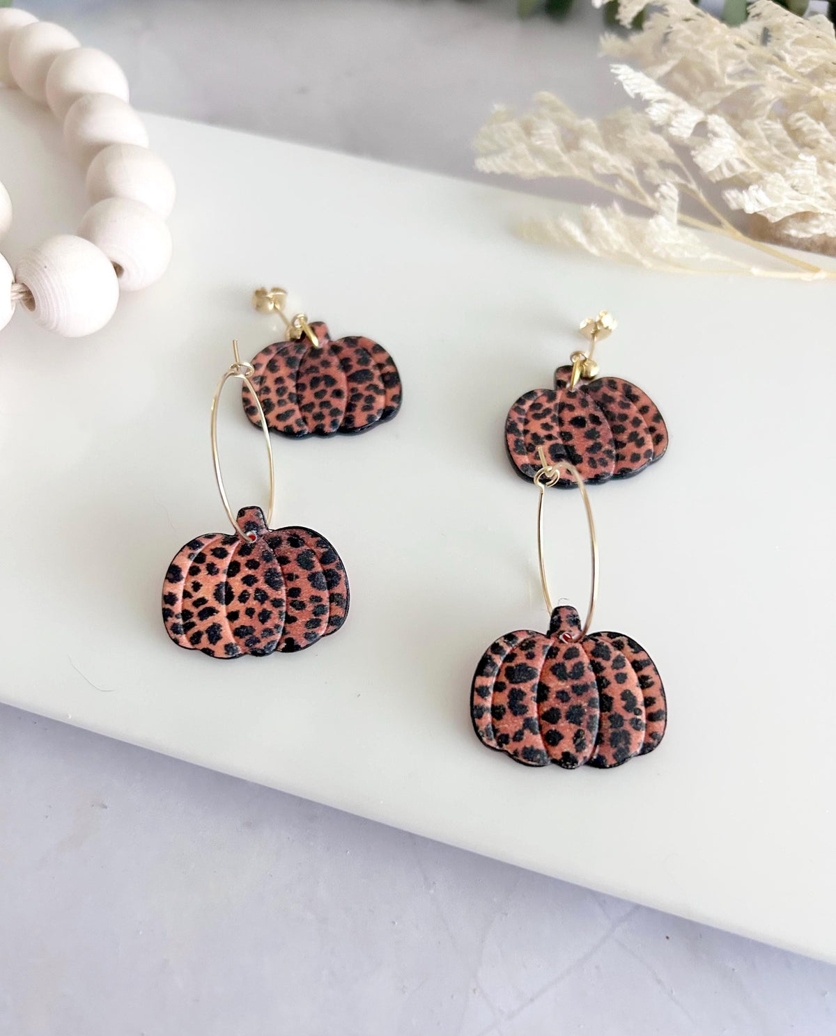 Leopard Print Pumpkin Earrings, Fall Hoop Dangles, Lightweight Handmade Clay Jewelry