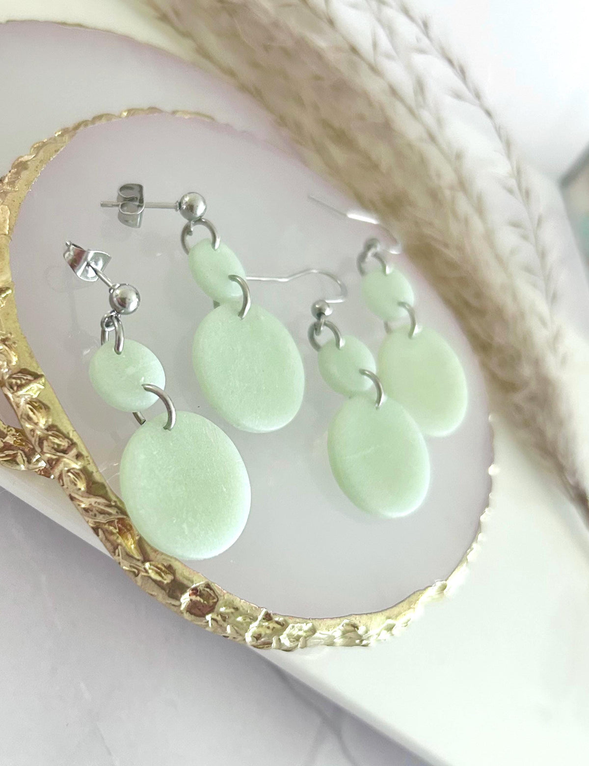 Light Green Drop Earrings, Silver Sage Dangles, Jade Colored Bead Drops, Handmade Clay